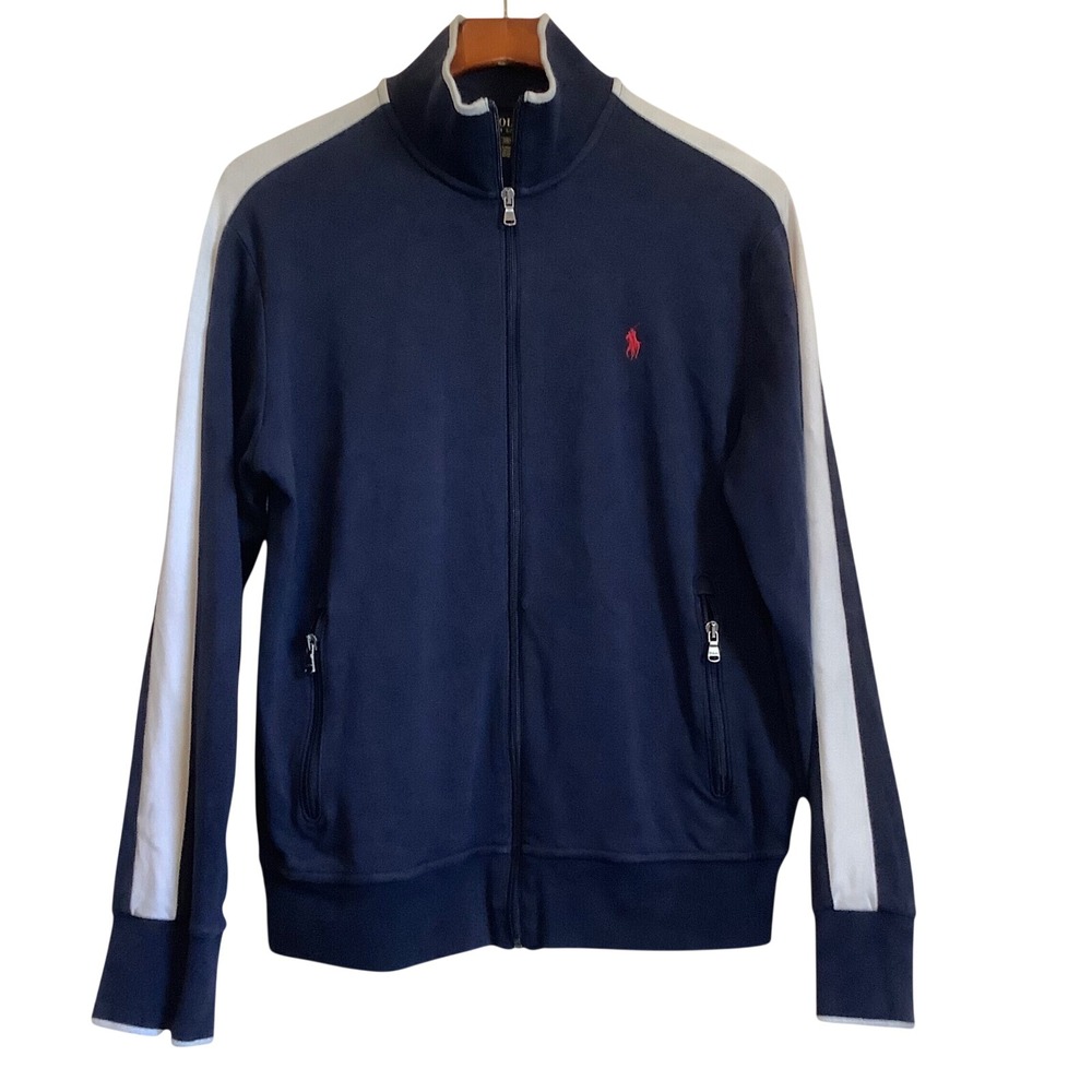 Polo Ralph Lauren Mens Navy Blue White Stripe Full Zip Track Jacket Medium